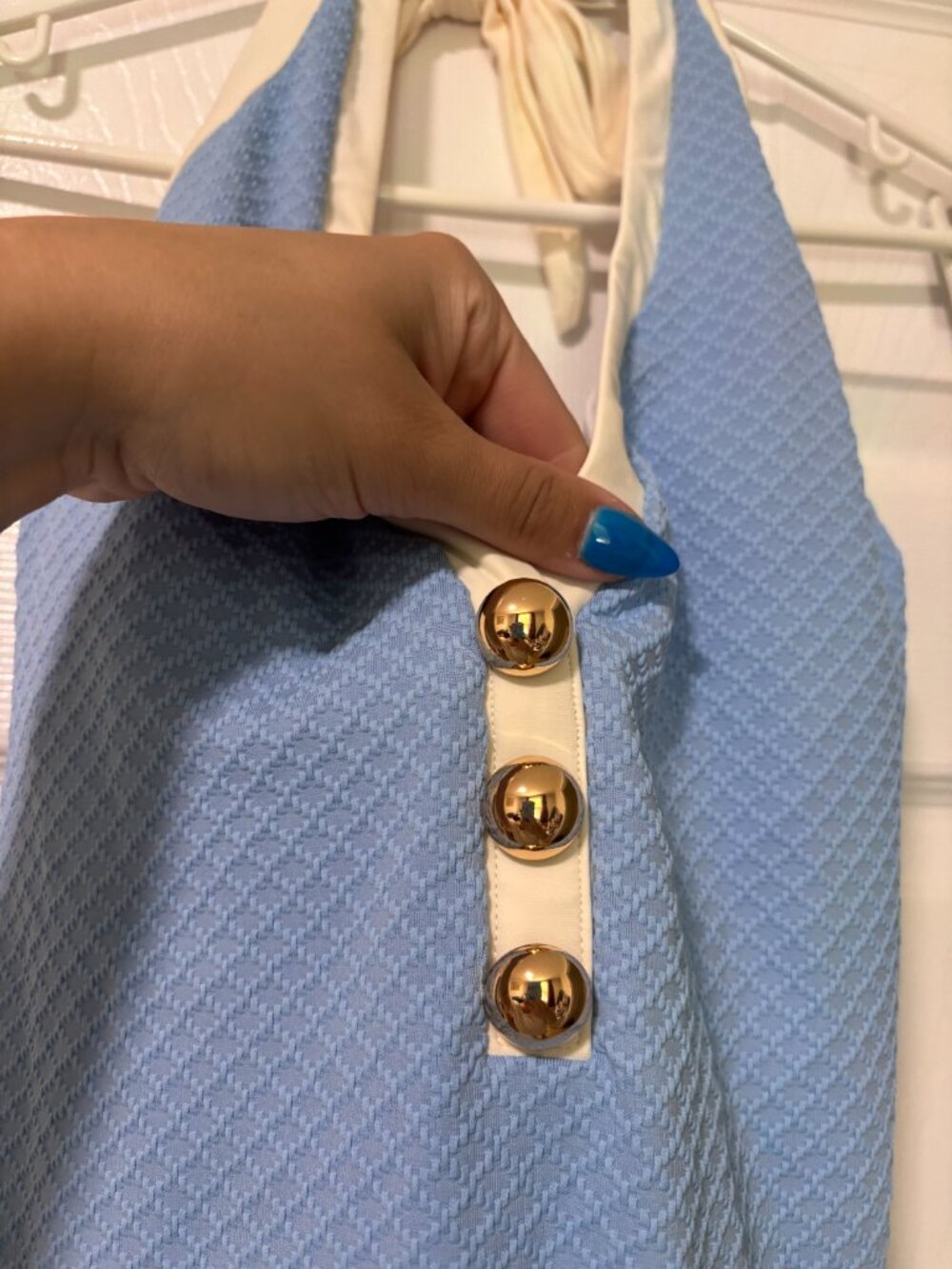Light Blue Textured One-Piece Swimsuit | Gold Button Halter | NWT (XL) - Picture 5 of 8